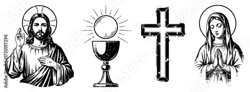 Christian Symbols Jesus Cross Chalice and Mary Line Art