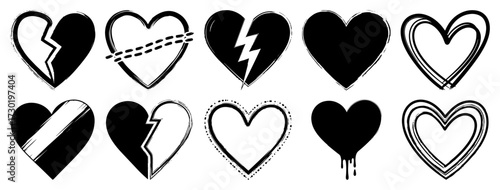 Broken and Love Heart Icons Set Line Art