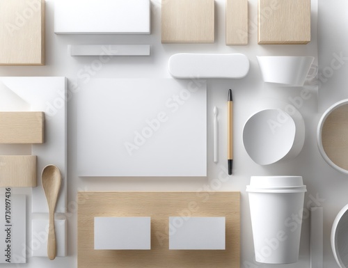 A collection of blank, white and light beige objects, arranged in a geometric pattern on a white surface, displays an elegant and modern design concept.