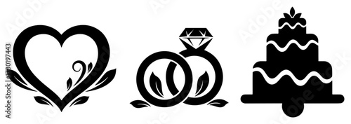 Wedding Symbols Heart Rings and Cake Silhouette