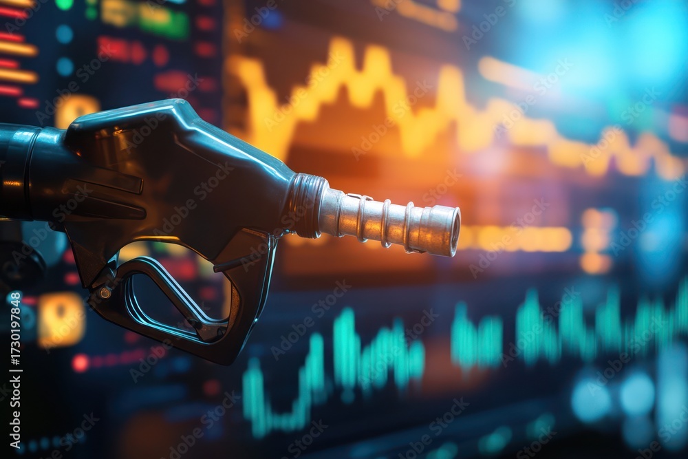 Fototapeta premium Gasoline Fuel Nozzle with Oil Price Graph Background