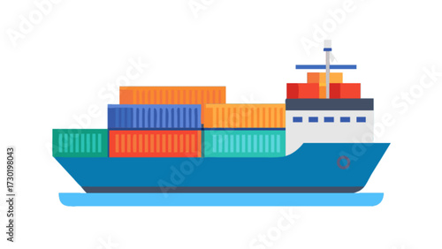 Illustration of a cargo ship loaded with colorful containers on a calm sea against white background
