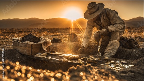 Explorer Digging Treasure at Golden Desert Sunset