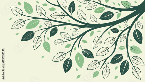 Illustration of tree branches with green leaves on a light background in the upper right corner area