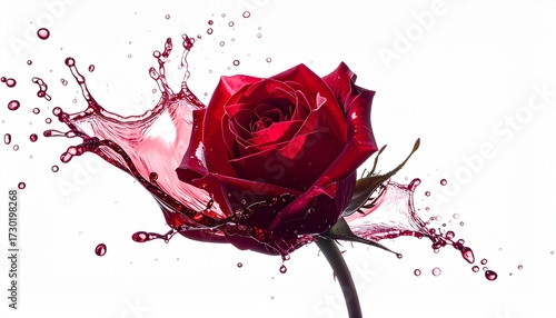 A hyper-realistic splash of red wine frozen mid-air, shaped like a blooming rose, with sharp shadows on a stark white background