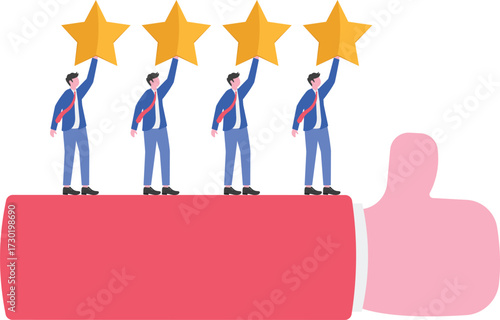 Satisfactory vote, measurement of customer satisfaction and star rating concept with thumb up gesture
