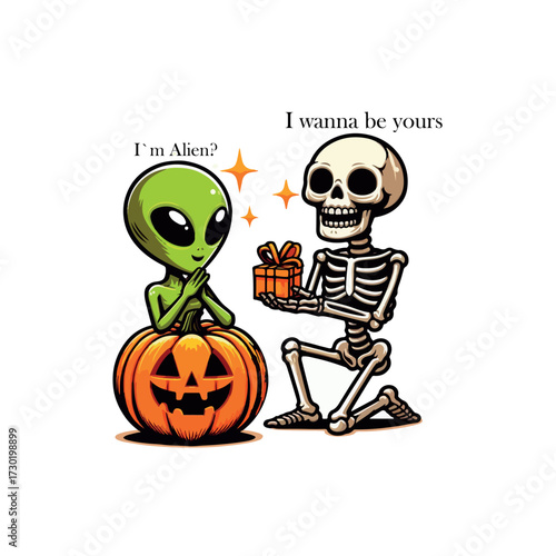 Skeleton Proposing to Alien with Pumpkin – Cute Whimsical Halloween T-Shirt Design, Generative Ai