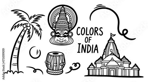 Colors of India Icons Set with Temple and Kathakali