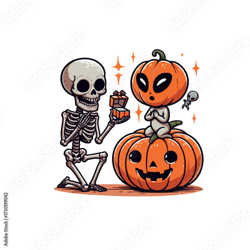 Skeleton Proposing to Alien with Pumpkin – Cute Whimsical Halloween T-Shirt Design, Generative Ai
