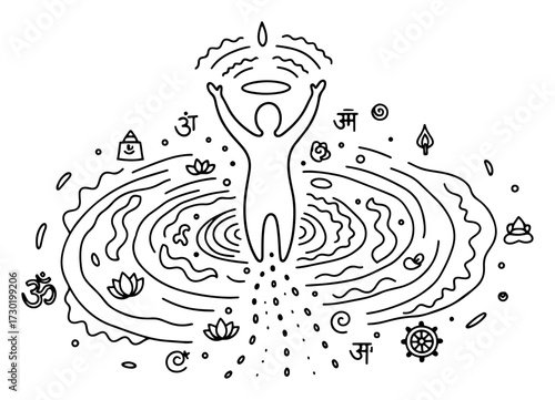 Spiritual Awakening Meditation with Sacred Symbols Line Art