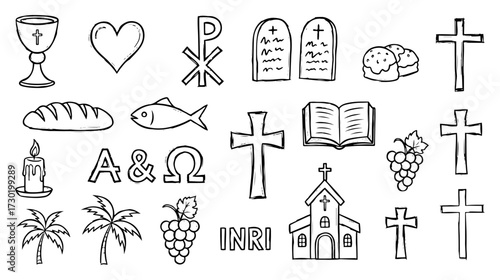 Christian Symbols Doodle Icons Set Line Art