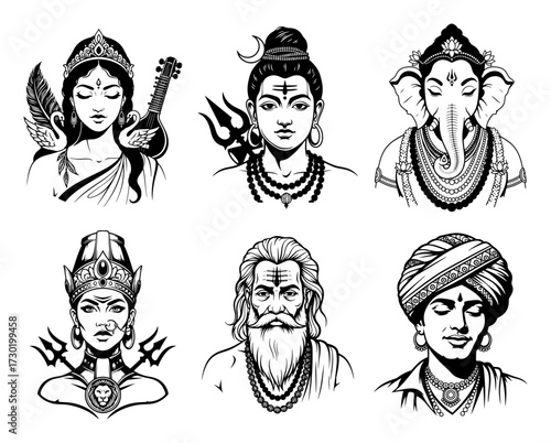 Hindu Deity and Sage Portraits Vector Set
