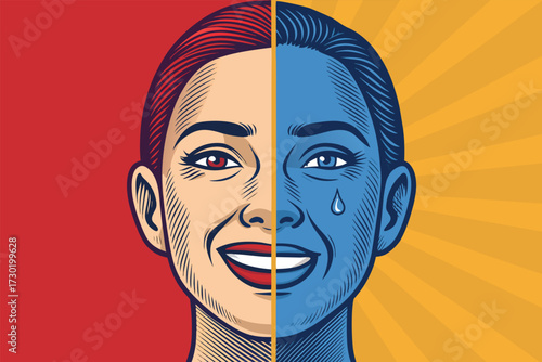 Split face illustration showing joy and sadness with contrasting colors.