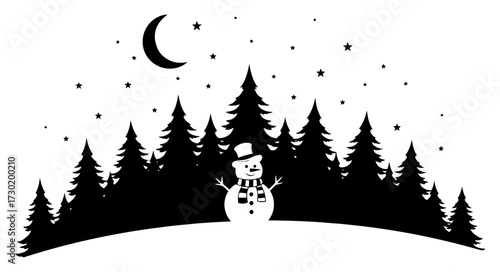 Winter Forest Night with Snowman Silhouette