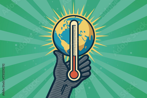 A hand holds a thermometer measuring the Earth's temperature.