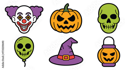 Vector art of creepy halloween icons featuring a clown, pumpkin, mask, balloon, witch hat, and lantern for a spooky celebration