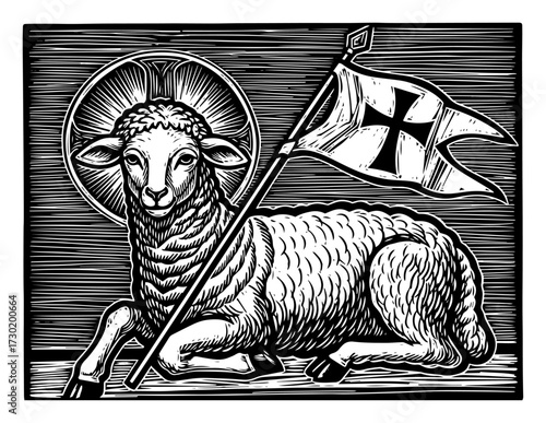 Agnus Dei Lamb of God with Banner Woodcut