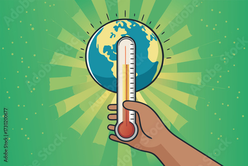 Hand holding a thermometer showing high temperature next to the planet.
