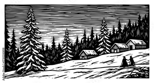 Snowy Pine Forest Village Winter Landscape