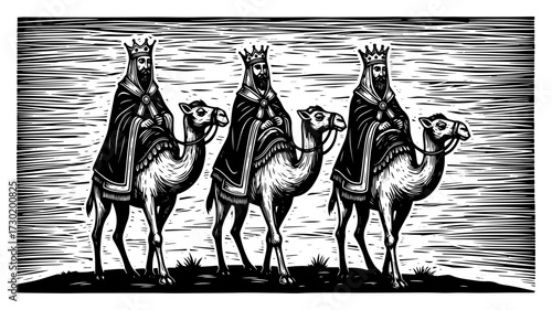 Three Wise Men on Camels Woodcut Illustration