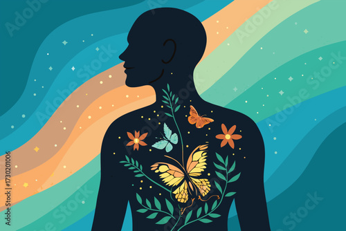 Silhouette of a person with butterflies and flowers within their chest area.