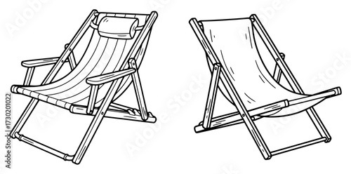 Folding Beach Deck Chairs Pair Line Art