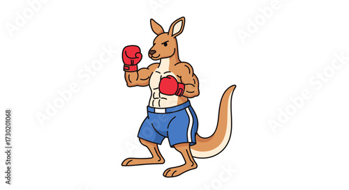 Muscular kangaroo boxer with red gloves and blue shorts stands in fighting stance, ready for action and competition