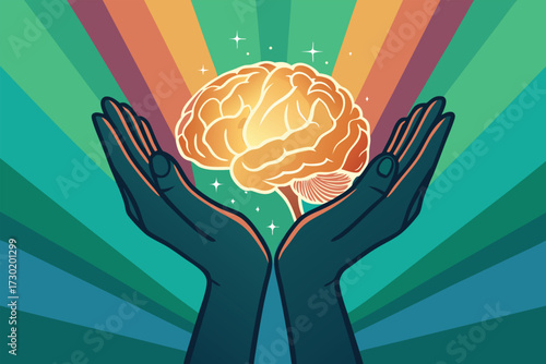 Hands cradling a glowing brain against a colorful radiating background.