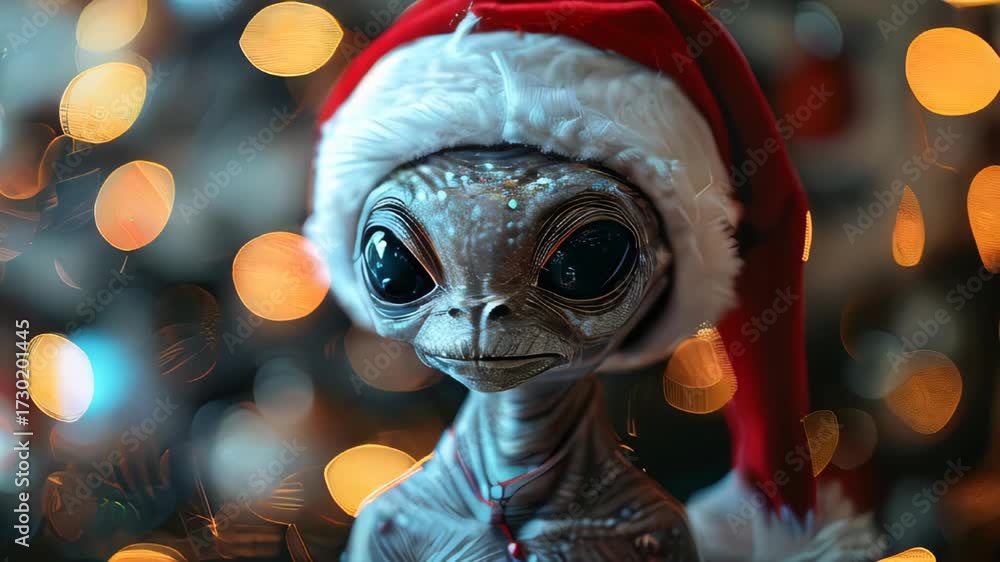 An alien wearing a Santa hat relaxing on a tropical beach, blending ...
