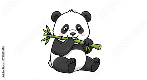 Adorable cartoon panda cub happily munching on vibrant green bamboo stalk in playful illustration style