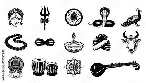 indian culture set vector illustration with traditional symbols monochrome outline design