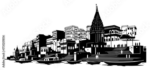 varanasi cityscape vector illustration in black silhouette indian architectural design