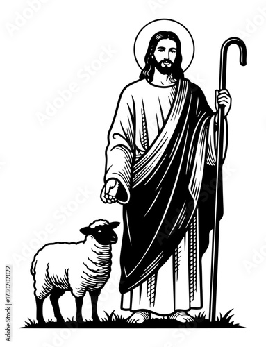 Jesus the Good Shepherd with Lamb Line Art
