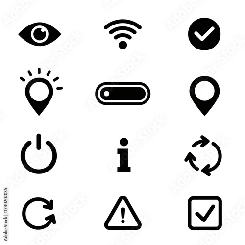 A grid of black and white vector icons representing various user interface and system functions like visibility, Wi-Fi, location, power, information, and warnings.