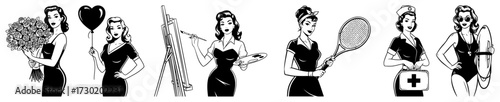 Pinup Girls Icons Set with Professions and Hobbies
