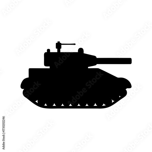Silhouette of a heavily armored military tank against a white background