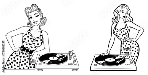Pin Up DJ Woman at Vinyl Turntable