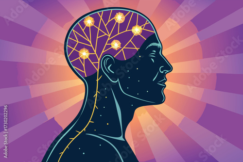 Profile of a head with illuminated neural pathways and starry nodes.