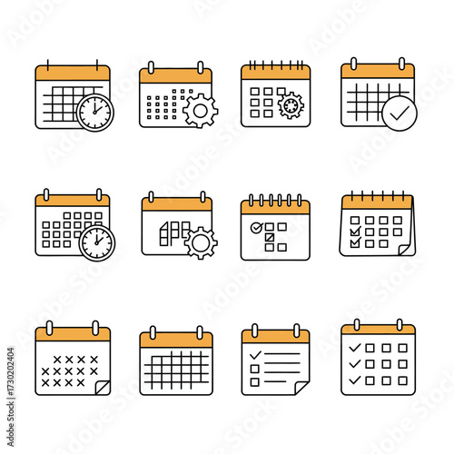 A collection of twelve calendar icons, each representing different aspects of scheduling and time management.