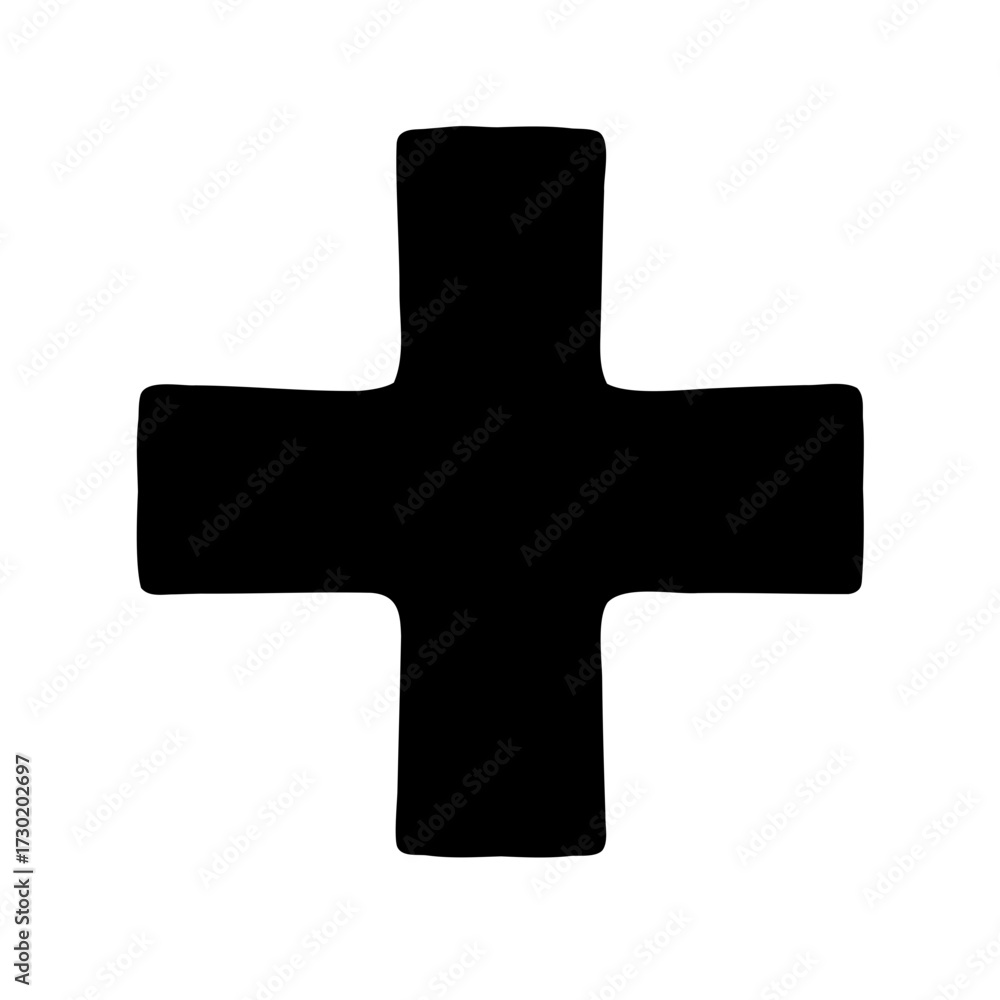 Fototapeta premium A bold black cross shape with slightly rounded edges set on white