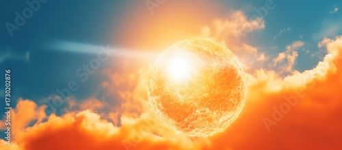 dramatic sunset sky, sun bursting through clouds, vibrant orange and yellow hues, fluffy cumulus clouds, warm lighting, ethereal atmosphere, epic landscape, dramatic lighting, highly detailed, cinemat