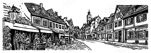 Historic European Old Town Street Panoramic Engraving
