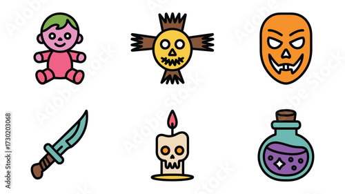 Vector art of collection of halloween icons featuring a voodoo doll, scarecrow, jackolantern, knife, candle and poison bottle