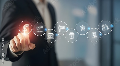 Businessman Hand Touching Digital Screen Interface Showing Customer Journey Flow Icons