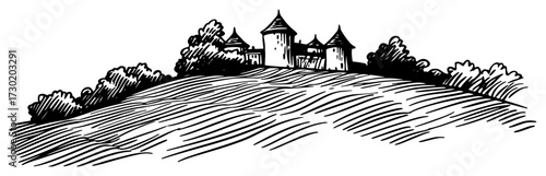 Medieval Hilltop Castle Landscape Engraving