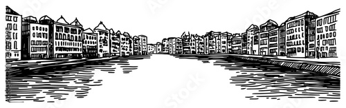 Old European Canal City Panoramic Sketch