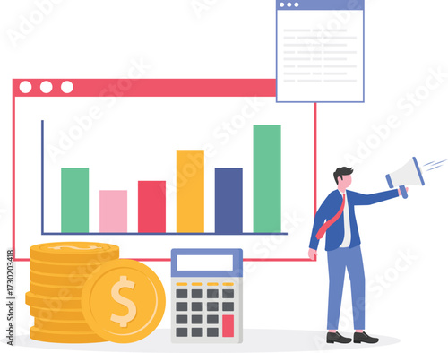 Digital marketing concept with promoter character. Social network promotion, e-commerce,
