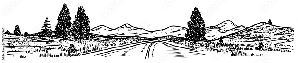 Obraz premium Mountain Road Trip Landscape with Pine Trees Black Shape Vector Laser Cutting Engraving Monochrome Print