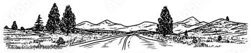 Mountain Road Trip Landscape with Pine Trees Black Shape Vector Laser Cutting Engraving Monochrome Print