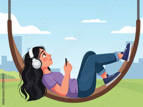 girl smartphone headphone listening to music woman illustration